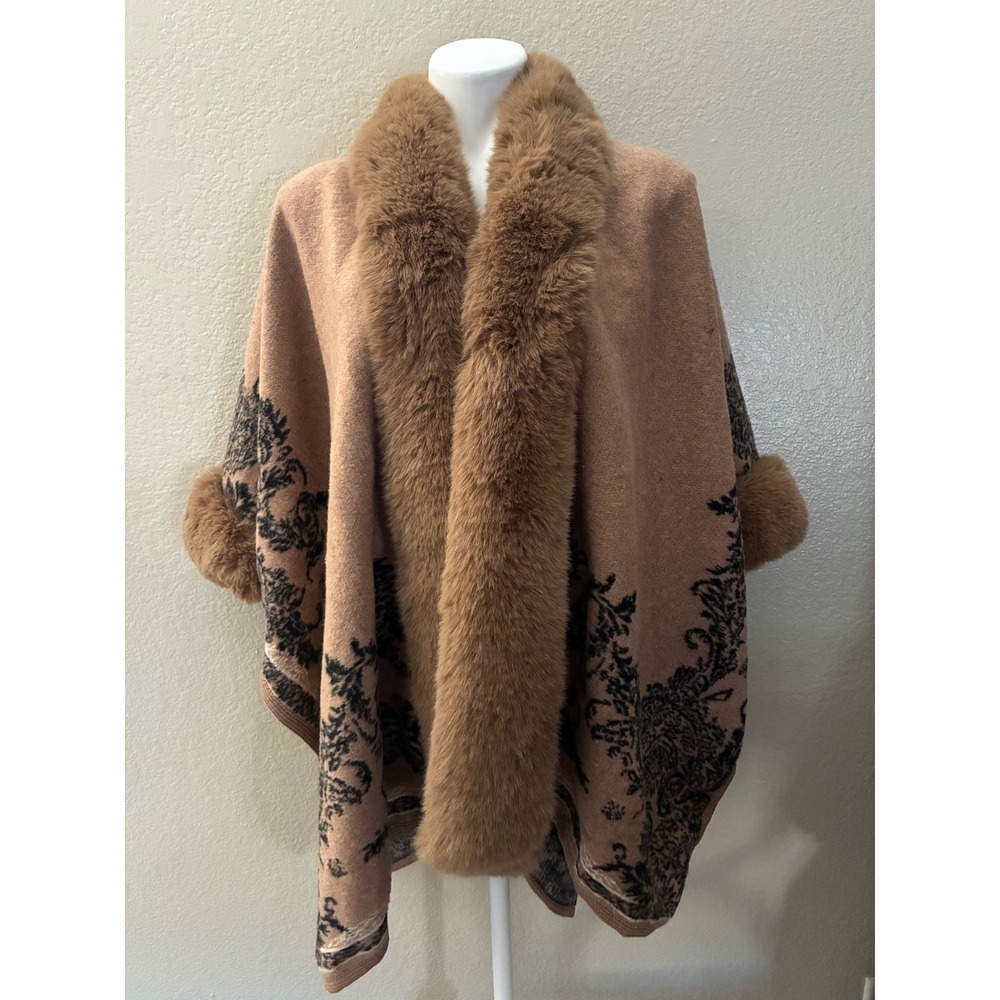 Womens Camel Tan Faux Fur Trim Damask Floral Knit Poncho Wrap Cape One Size